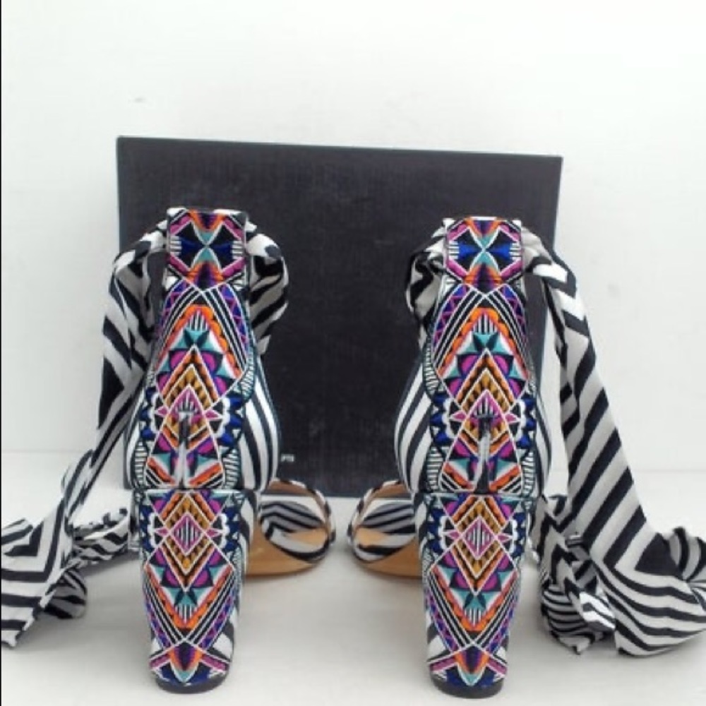 INC International Concepts Black Striped Multicolor Embroidered Block Heels